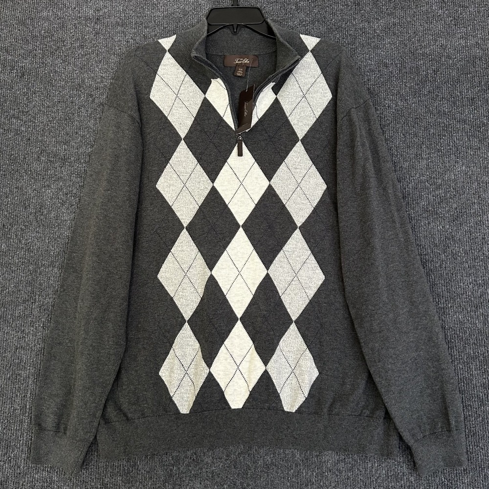 Tasso Elba Mens XXL Argyle Sweater Dark Gray LS Mock Neck 1/4 Zip Preppy Cotton - Picture 3 of 12